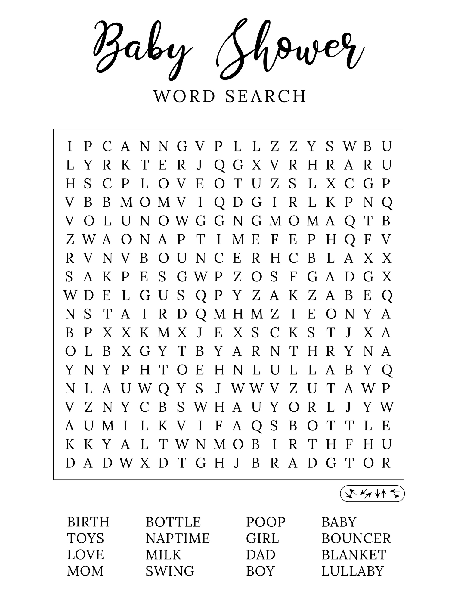 Simple black and white Baby shower word search puzzle game.