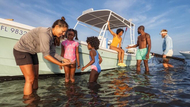Sanibel Pine Island Sound Family boat adventure 2021 Matador Crocs Pine Island Boating Shelling
