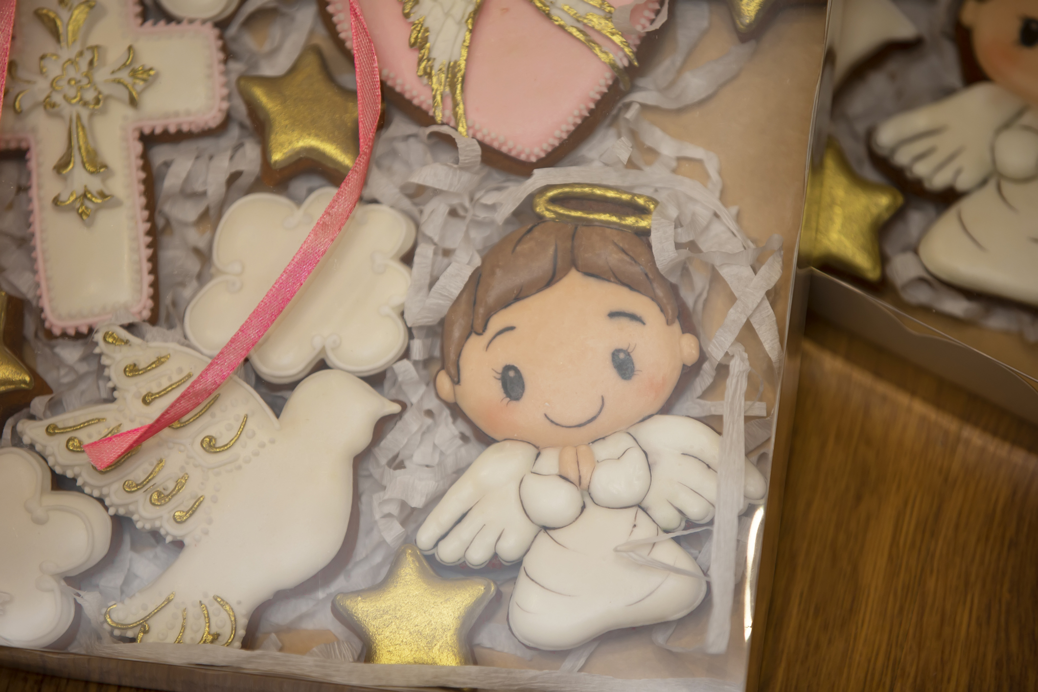 Beautiful painted gingerbread cookies for the celebration of the baptism of the child.