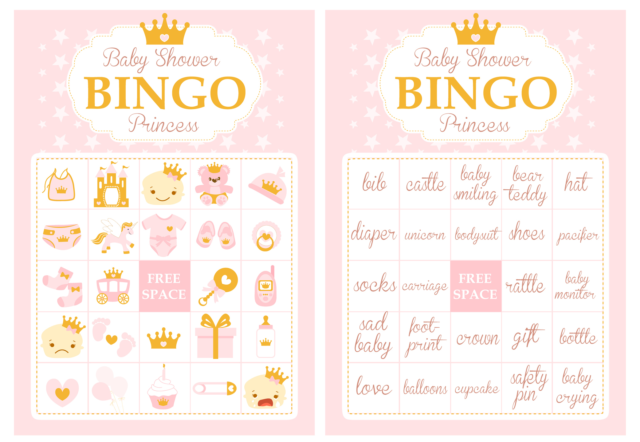 Pink and gold princess baby shower party. Bingo game.