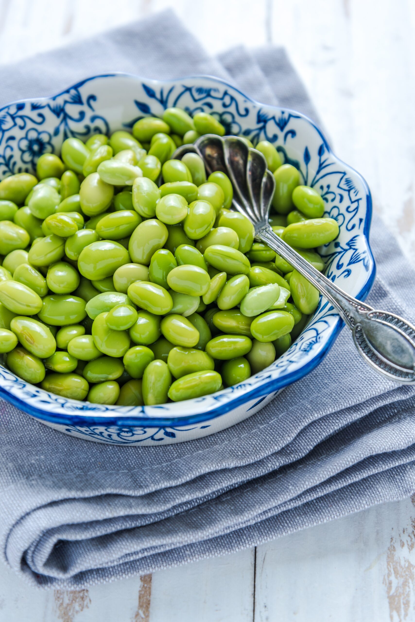 Edamame bean sladan from above in bowl on wooden table