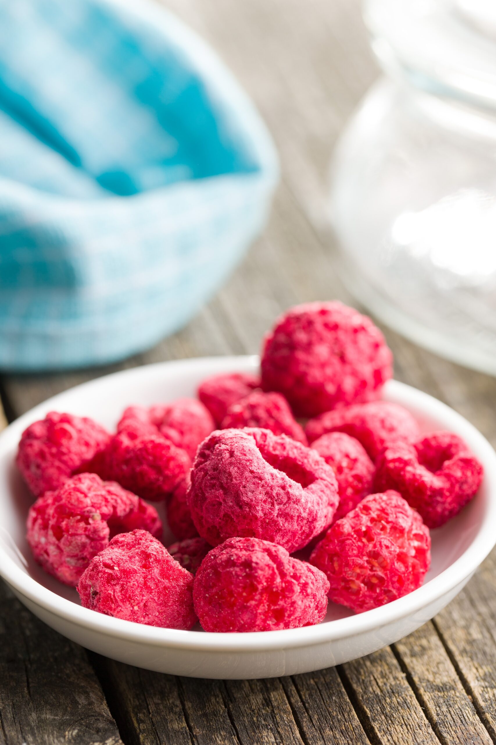 Freeze dried raspberries in bowl.