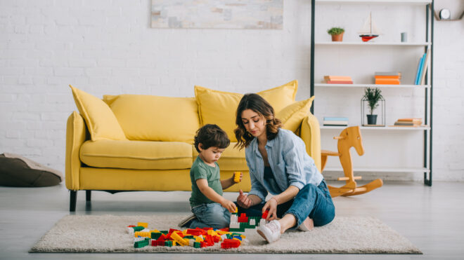 mother and child playing with toys