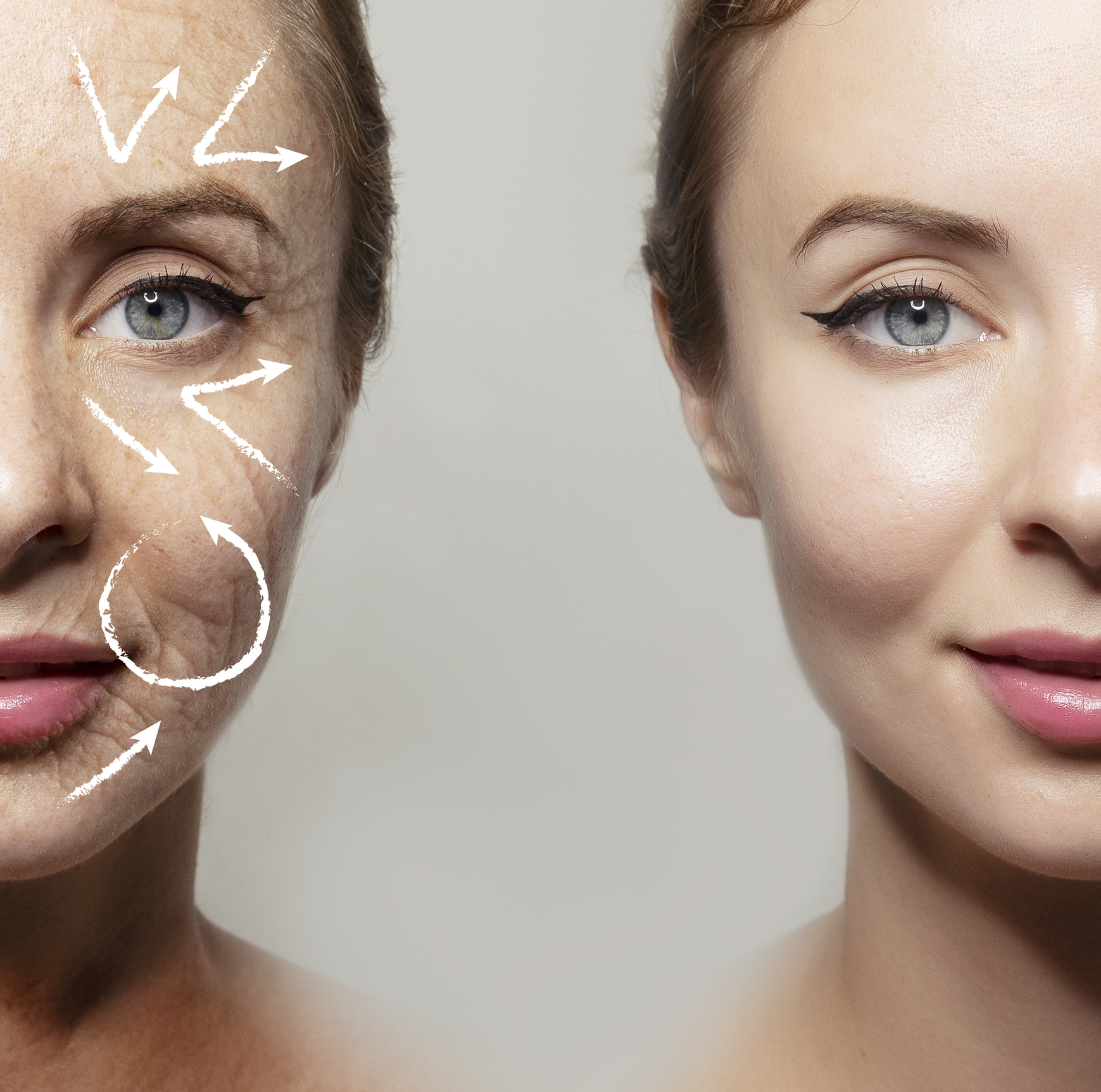 comparative portrait of young and old skin / copy space