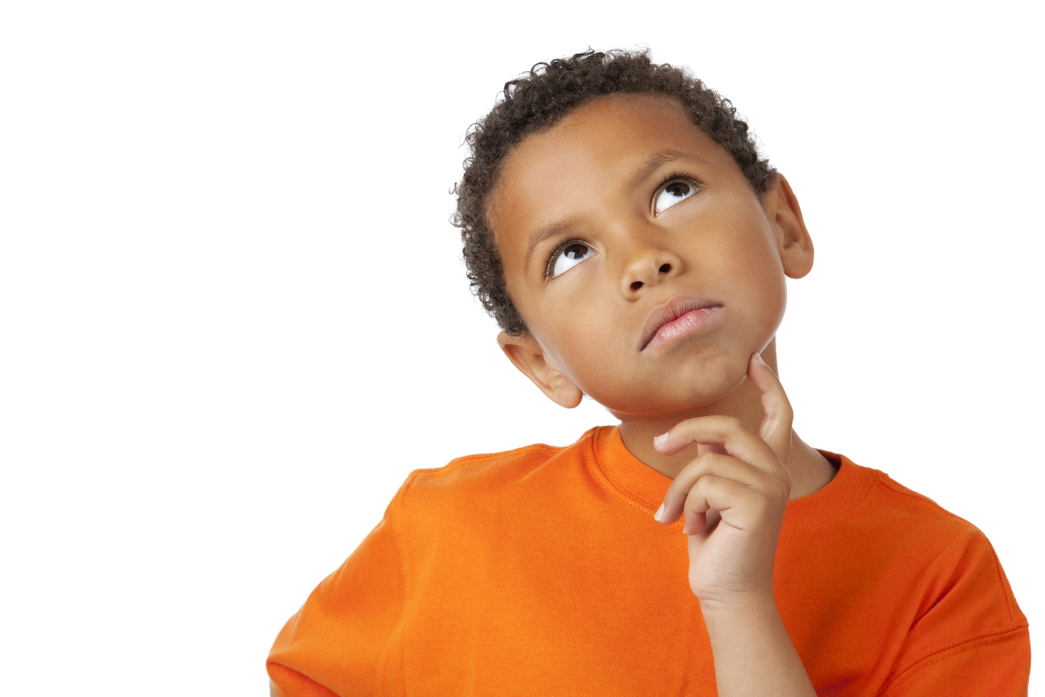 8-year old mixed race boy thinking on white