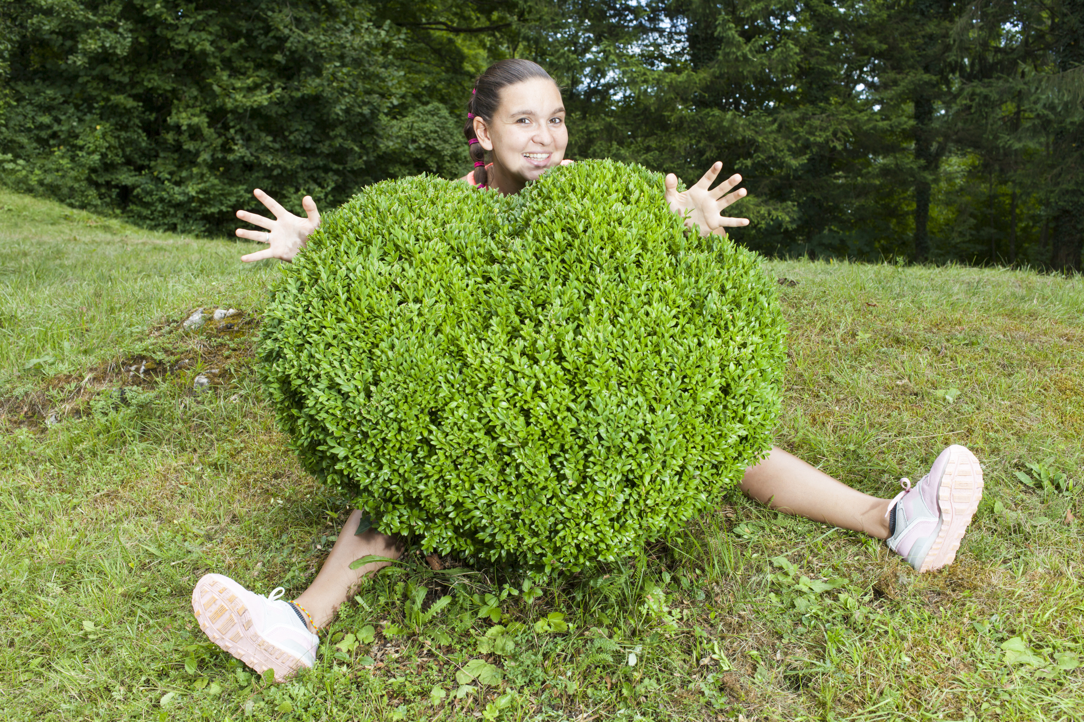 Pretty young woman hugging the boxwood