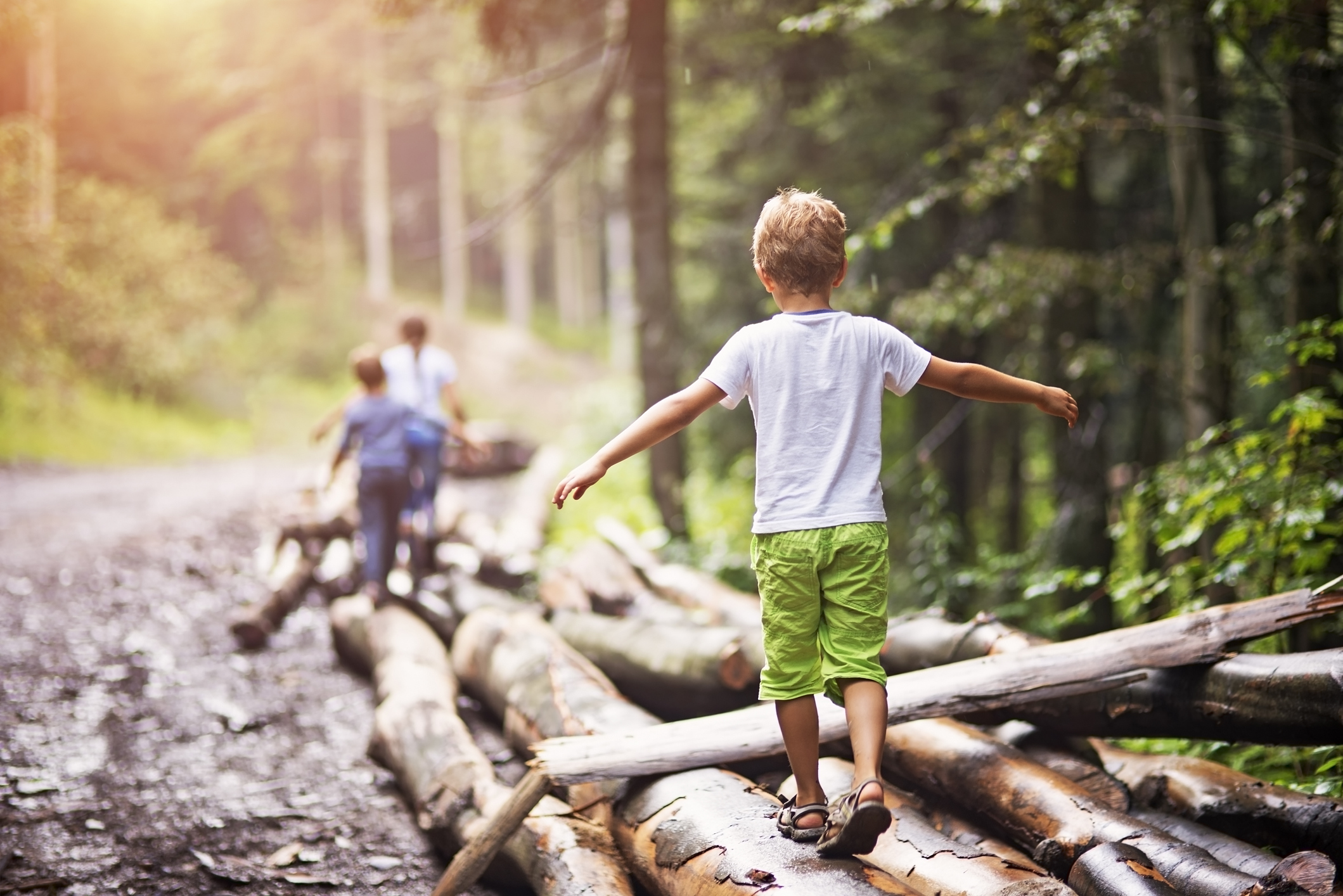 Children balancing on tree trunks