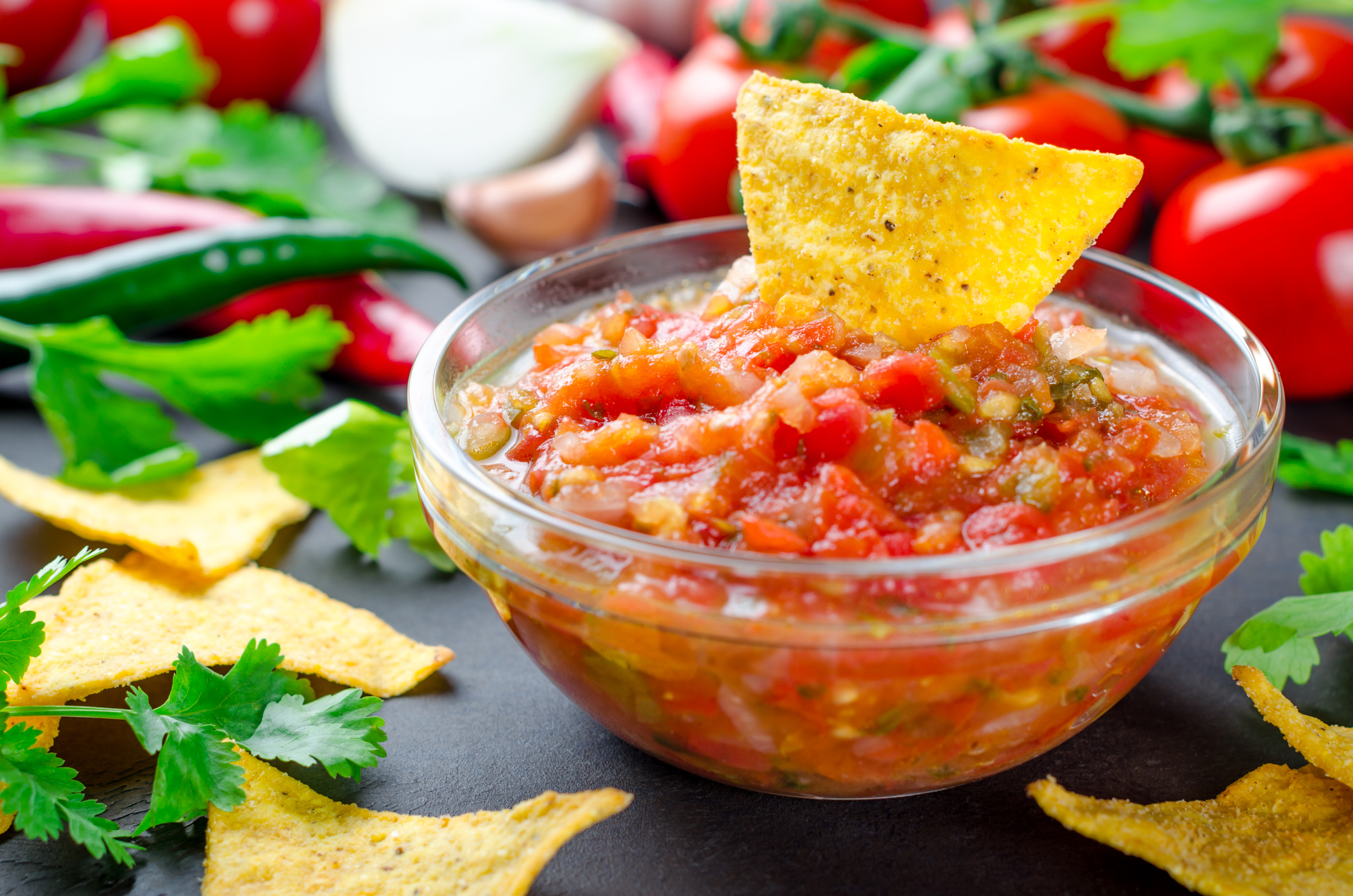 Traditional mexican homemade salsa sauce with ingredients, tomat