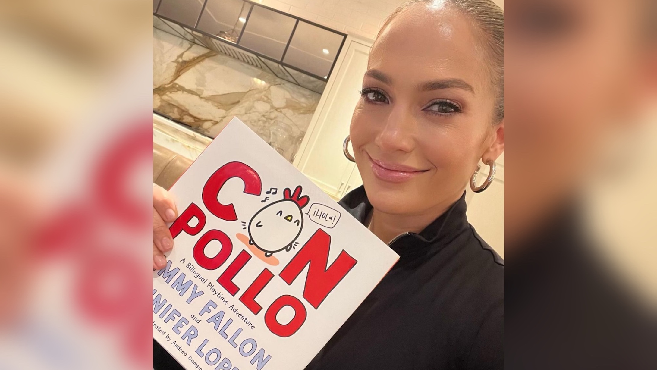 Jennifer Lopez holding Con Pollo-books for everyone on your list