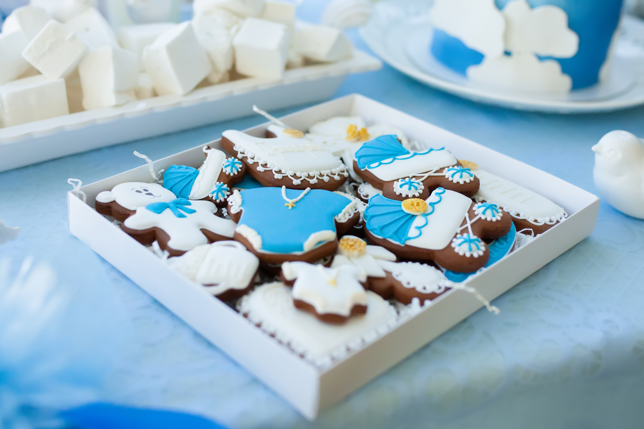 Candy bar on baby's christening party: various gingerbreads with blue mastic