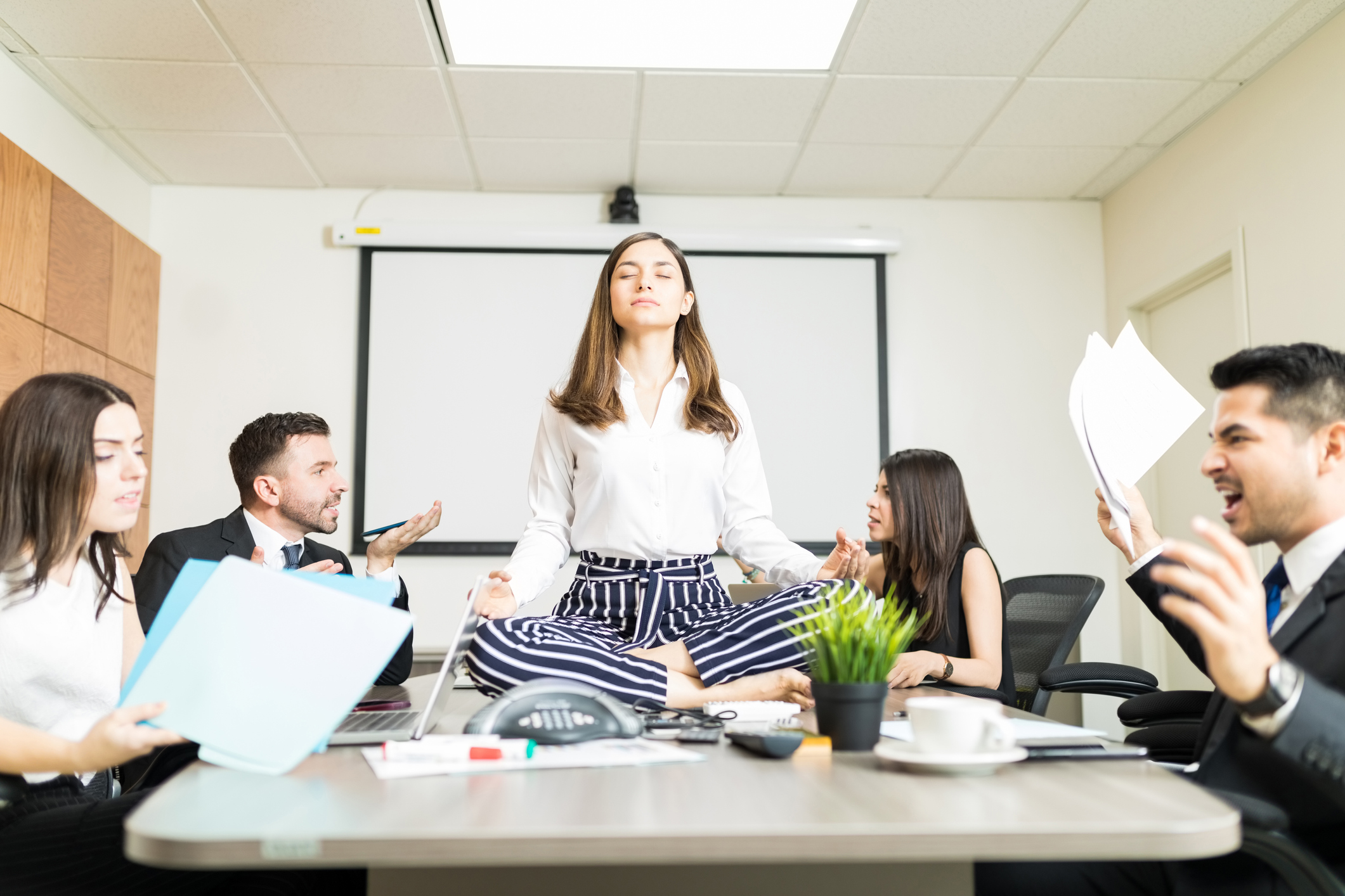 Easygoing Businesswoman Keeping Calm In Stressing Situation