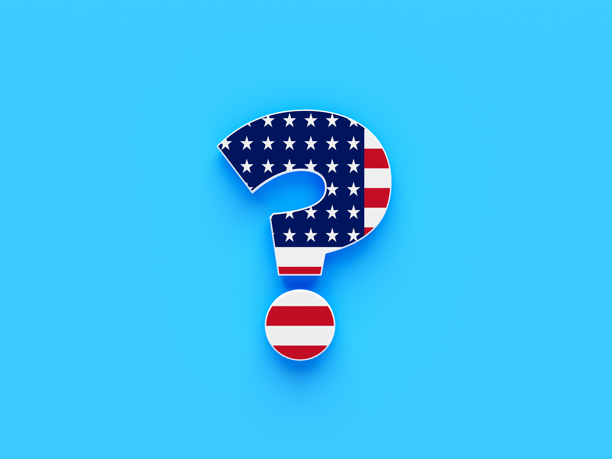 Question symbol-shaped American flag on blue color background.