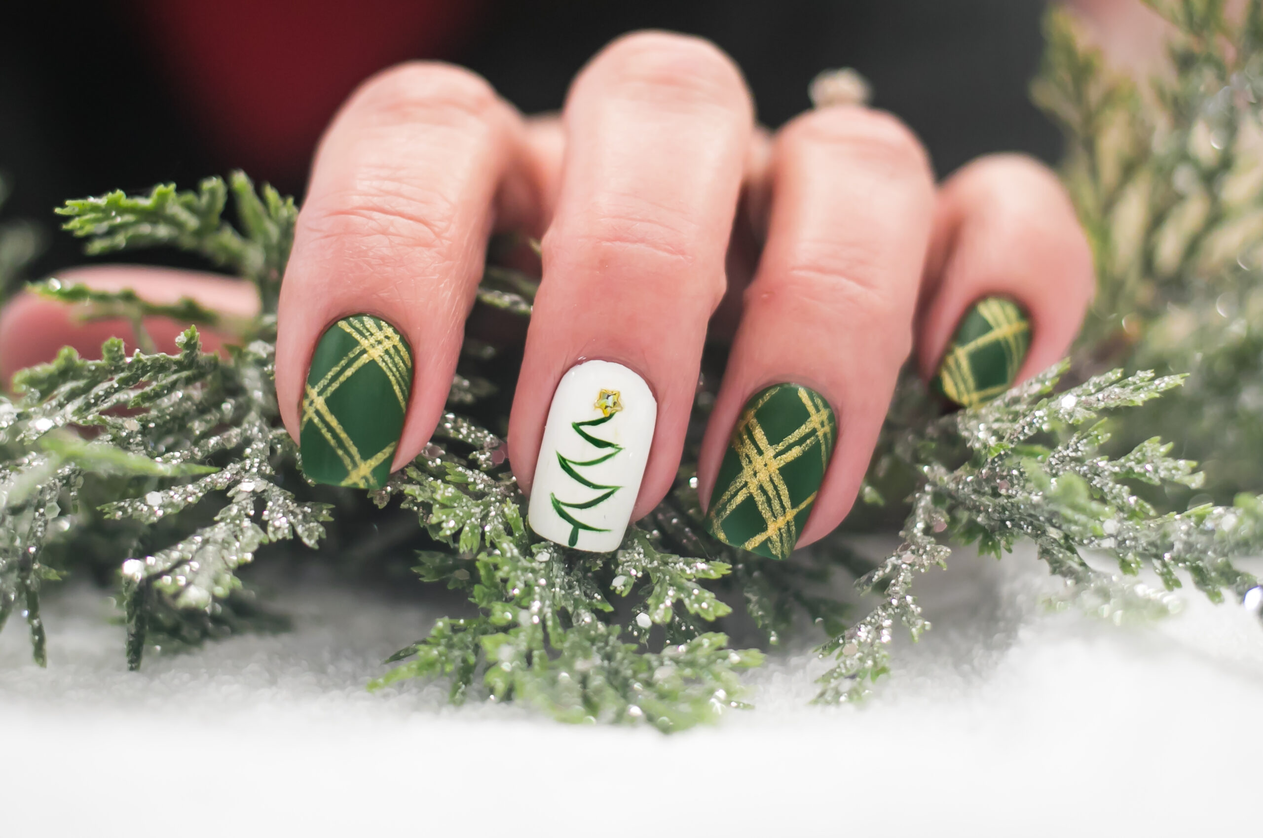 Christmas Tree and Plaid Nail Art Design