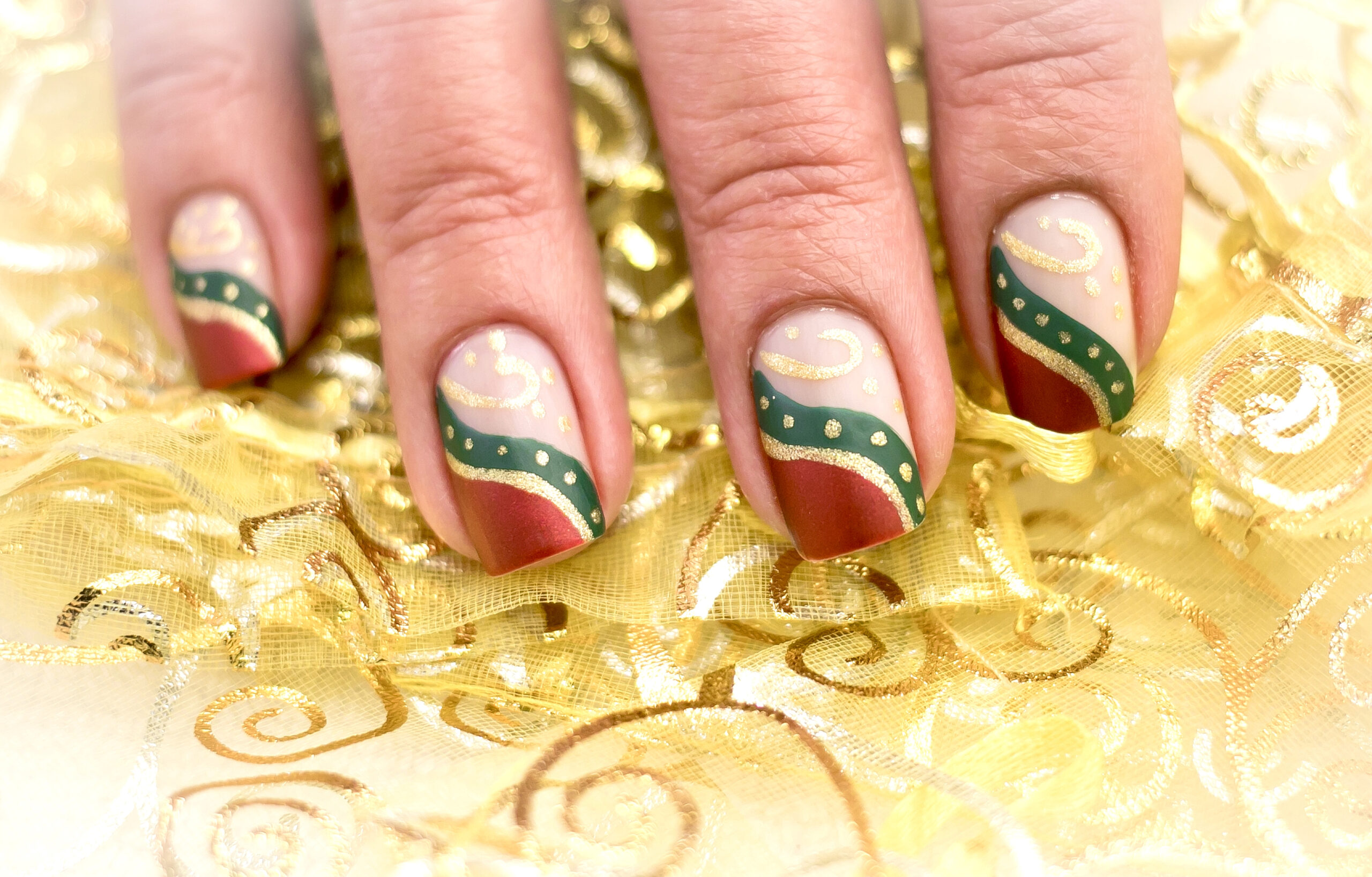 Green Gold and Red Christmas Nail Art Design