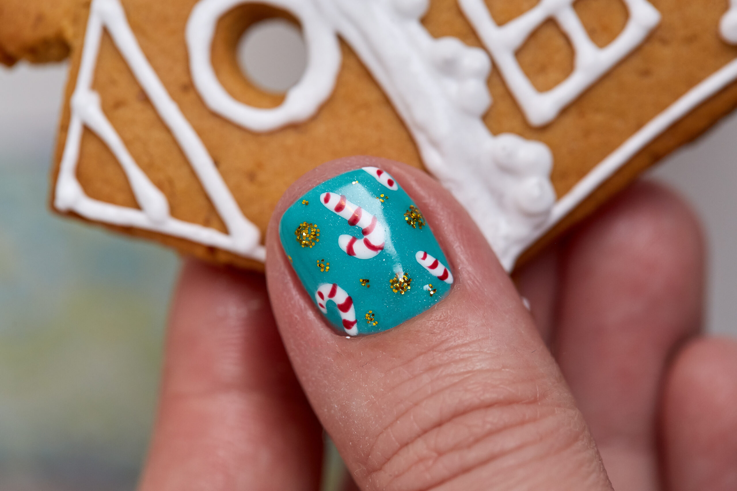 Christmas gingerbread cookie in female hand.