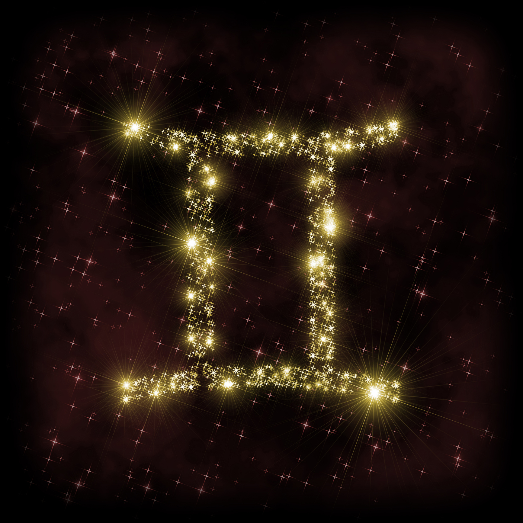 Gemini Zodiak sign - astronomy or astrology illustration in which symbol corresponding to constellation is made of twinkling sparkling yellow (golden) stars