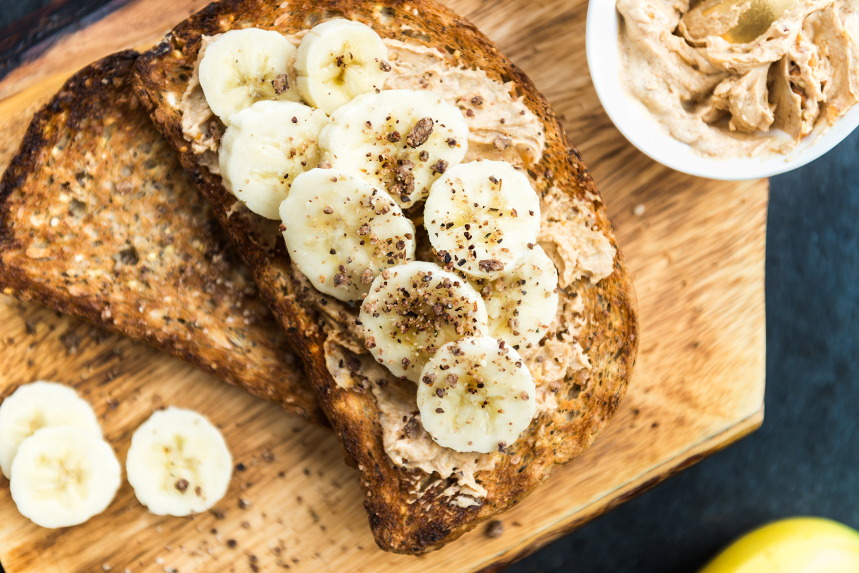 Toasts from Wholewheat Seeded Bread with Peanut Butter and Banan