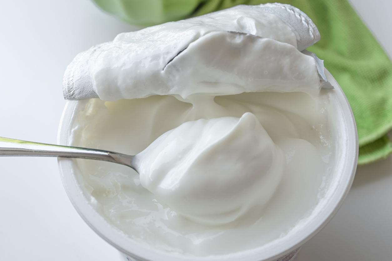 Healthy breakfast with Fresh greek yogurt on background