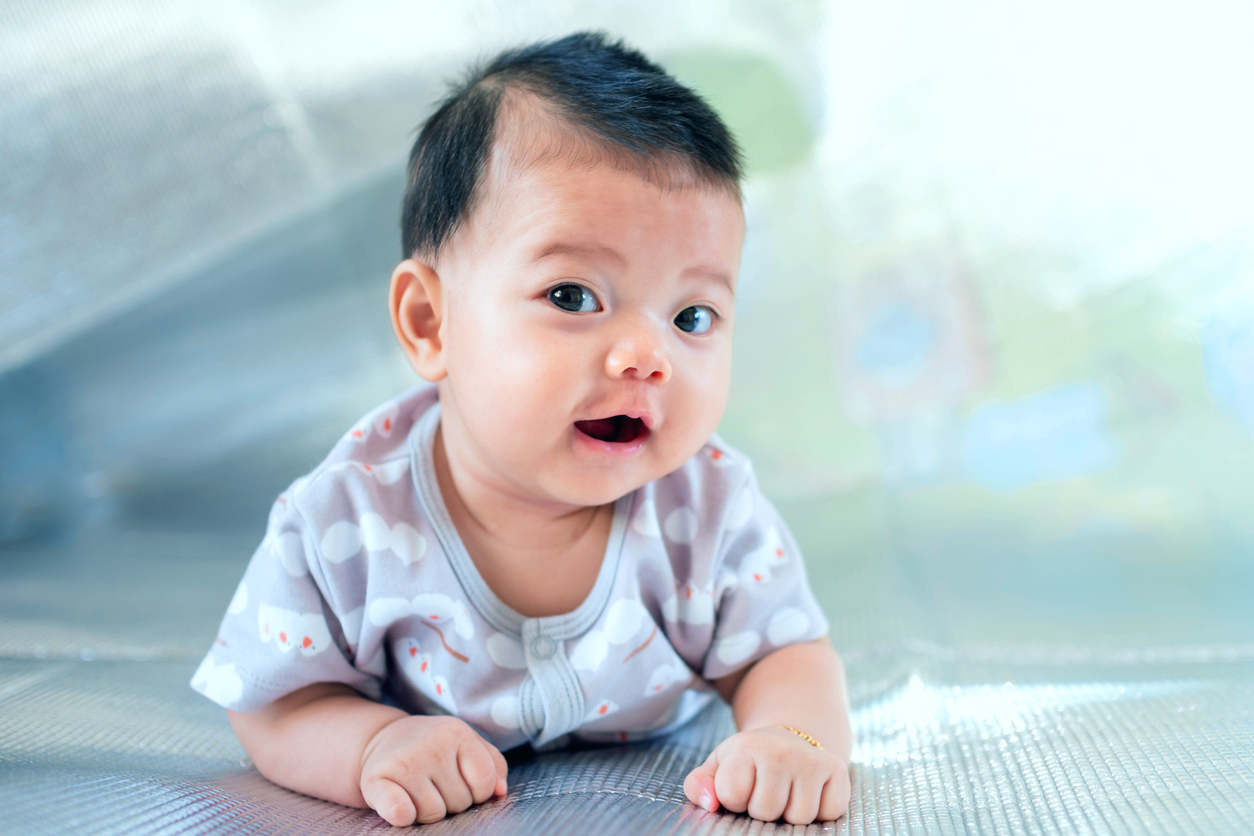 Southeast Asian new born is creeping on the floor. Newborn is wearing gray shirt. Baby is South East Asian. Kid is cute. Child is taking photo indoor. Infant is 4 months. - People, Health care concept