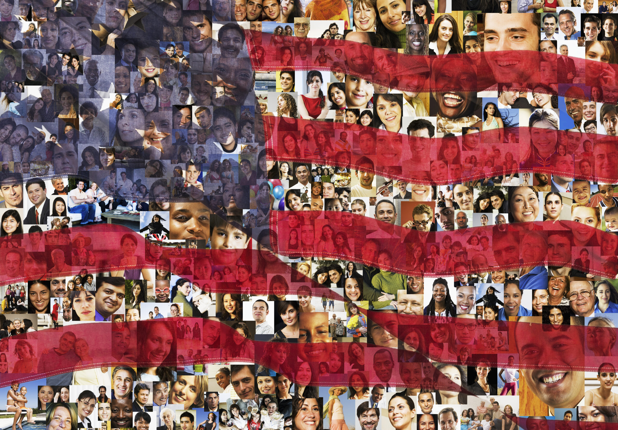 American flag over collage of business people