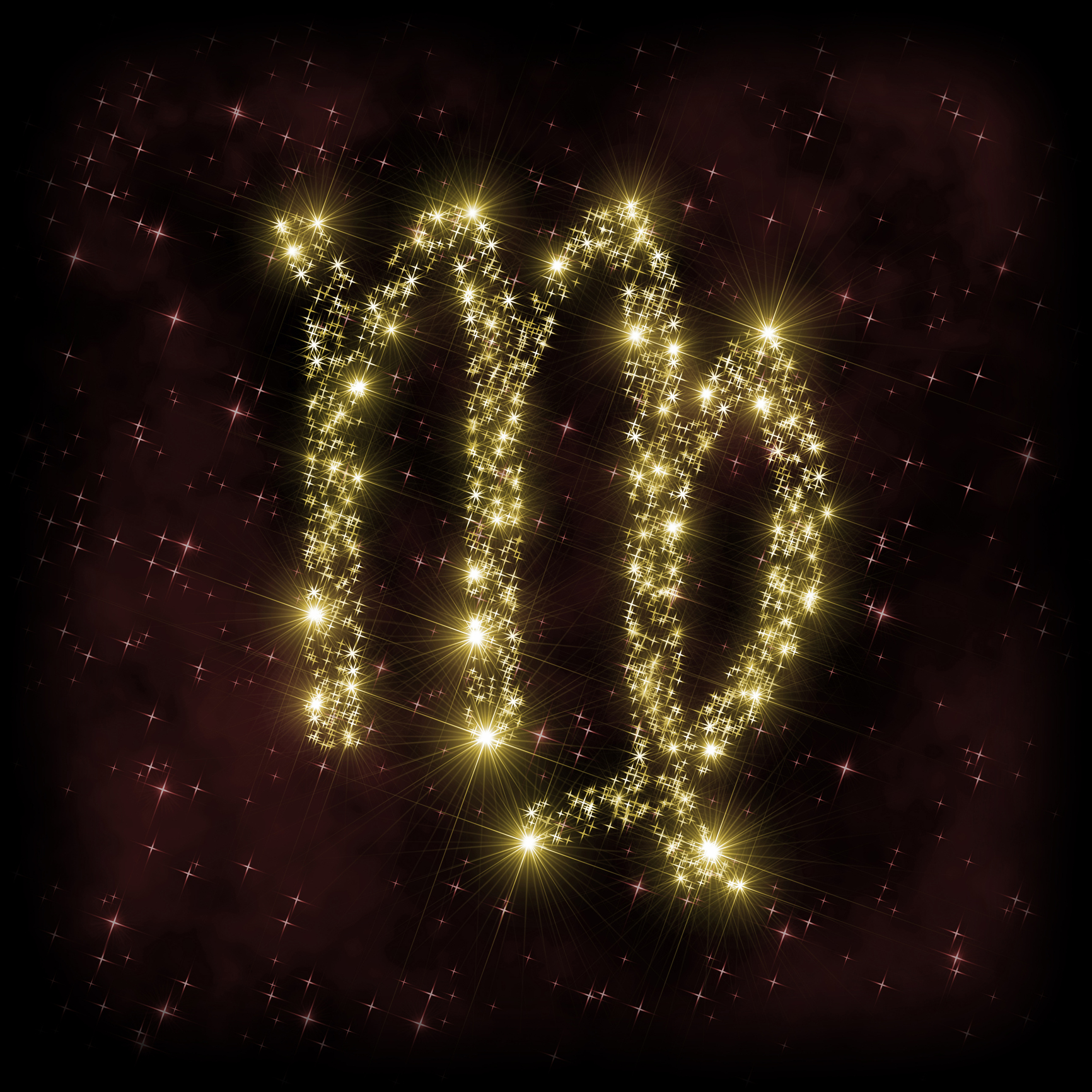 Virgo Zodiak sign - astronomy or astrology illustration in which symbol corresponding to constellation is made of twinkling sparkling yellow (golden) stars