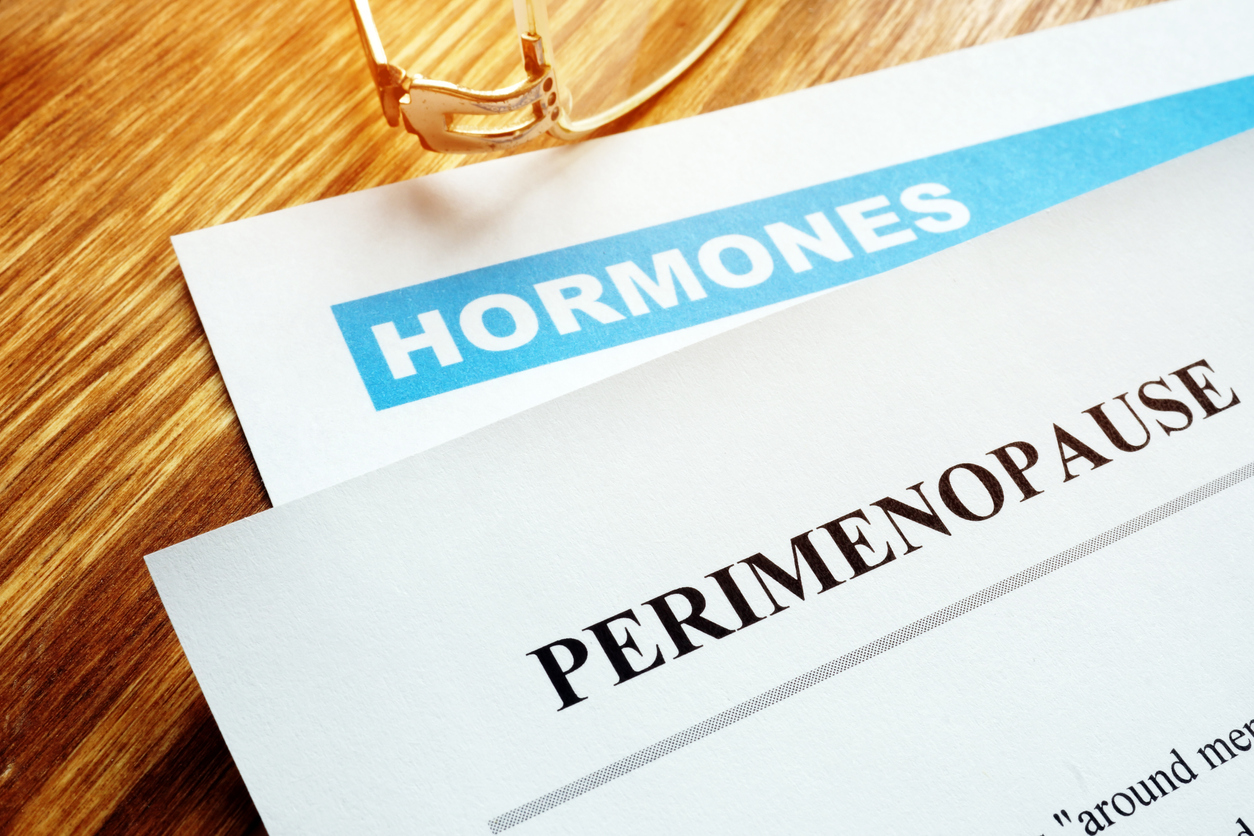 Perimenopause and menopause concept. Documents about hormones.