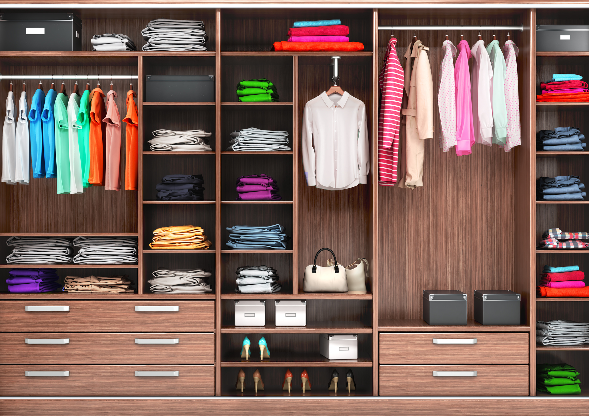 Big wardrobe with different clothes for dressing room. 3d illustrations