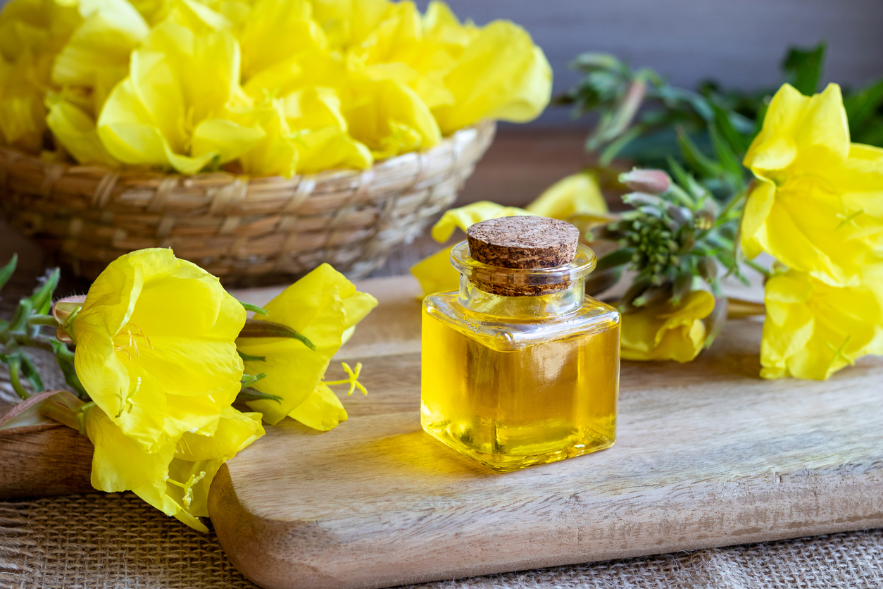 A bottle of evening primrose oil with fresh blooming evening primrose