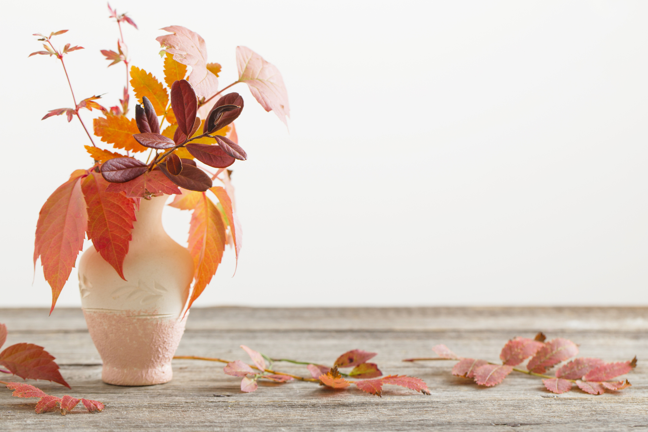 autumn leaves in vase on wooden table