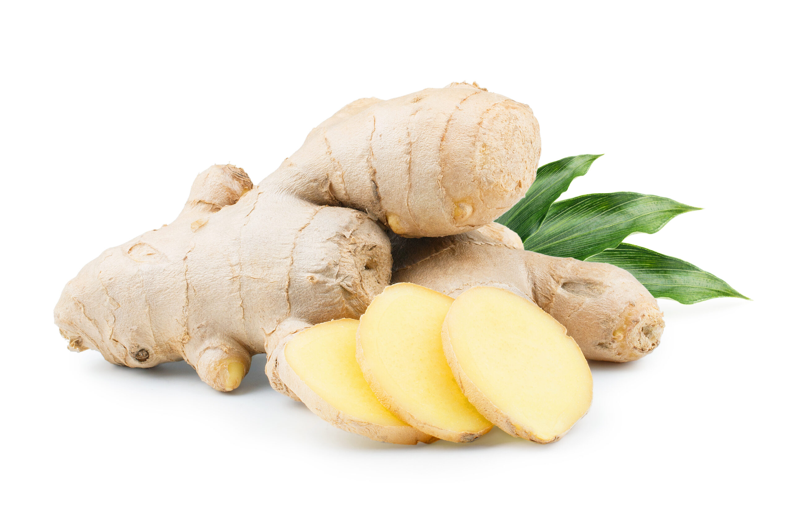 Ginger with leaves isolated on white background