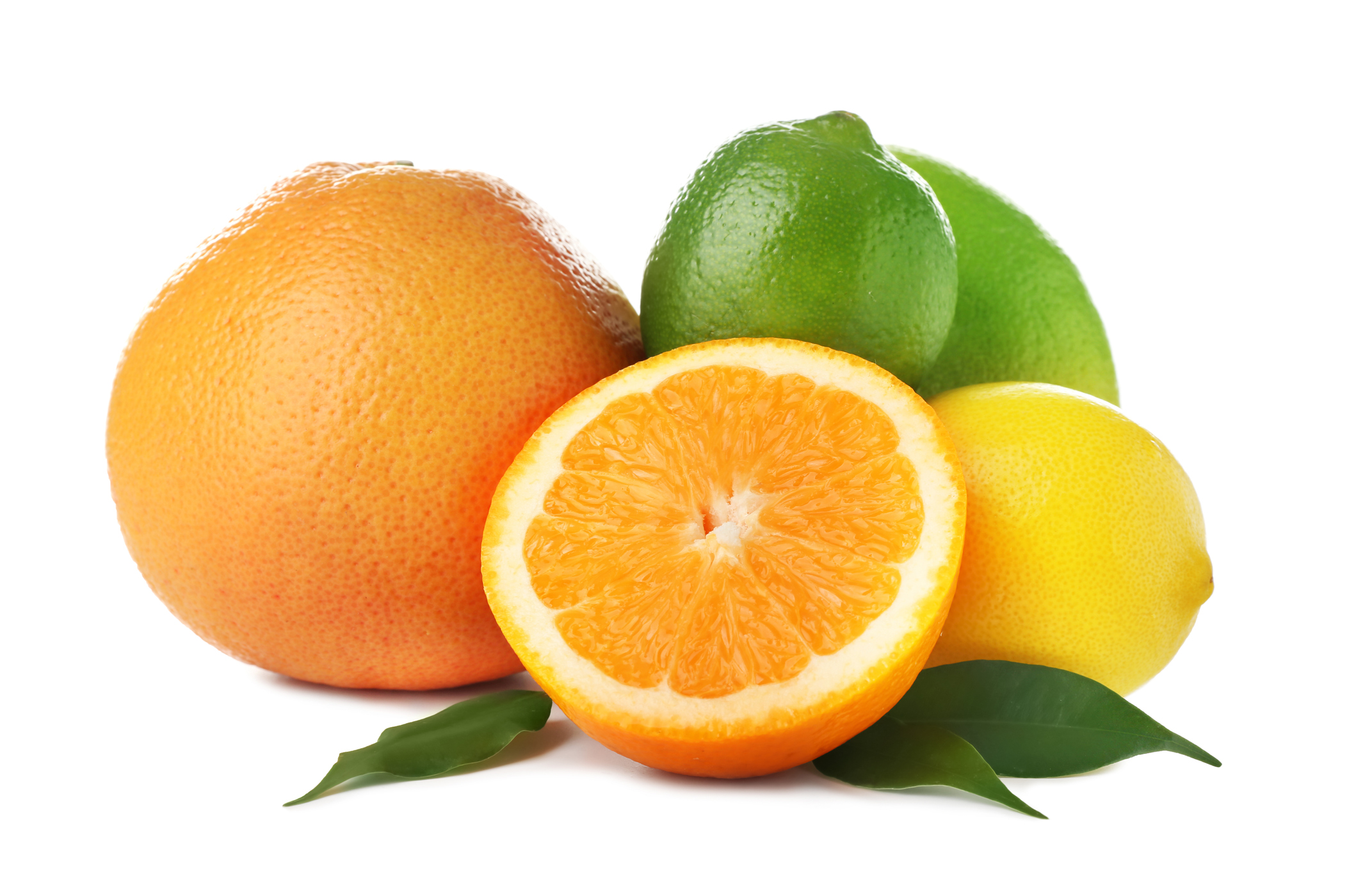 Ripe citrus fruits on white background