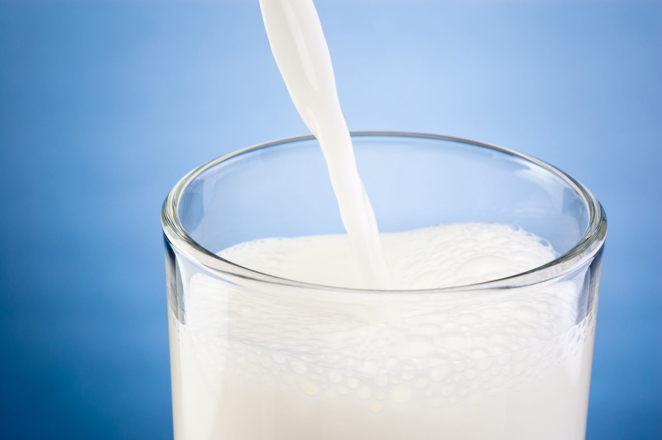 Pouring fresh milk into glass on a blue background