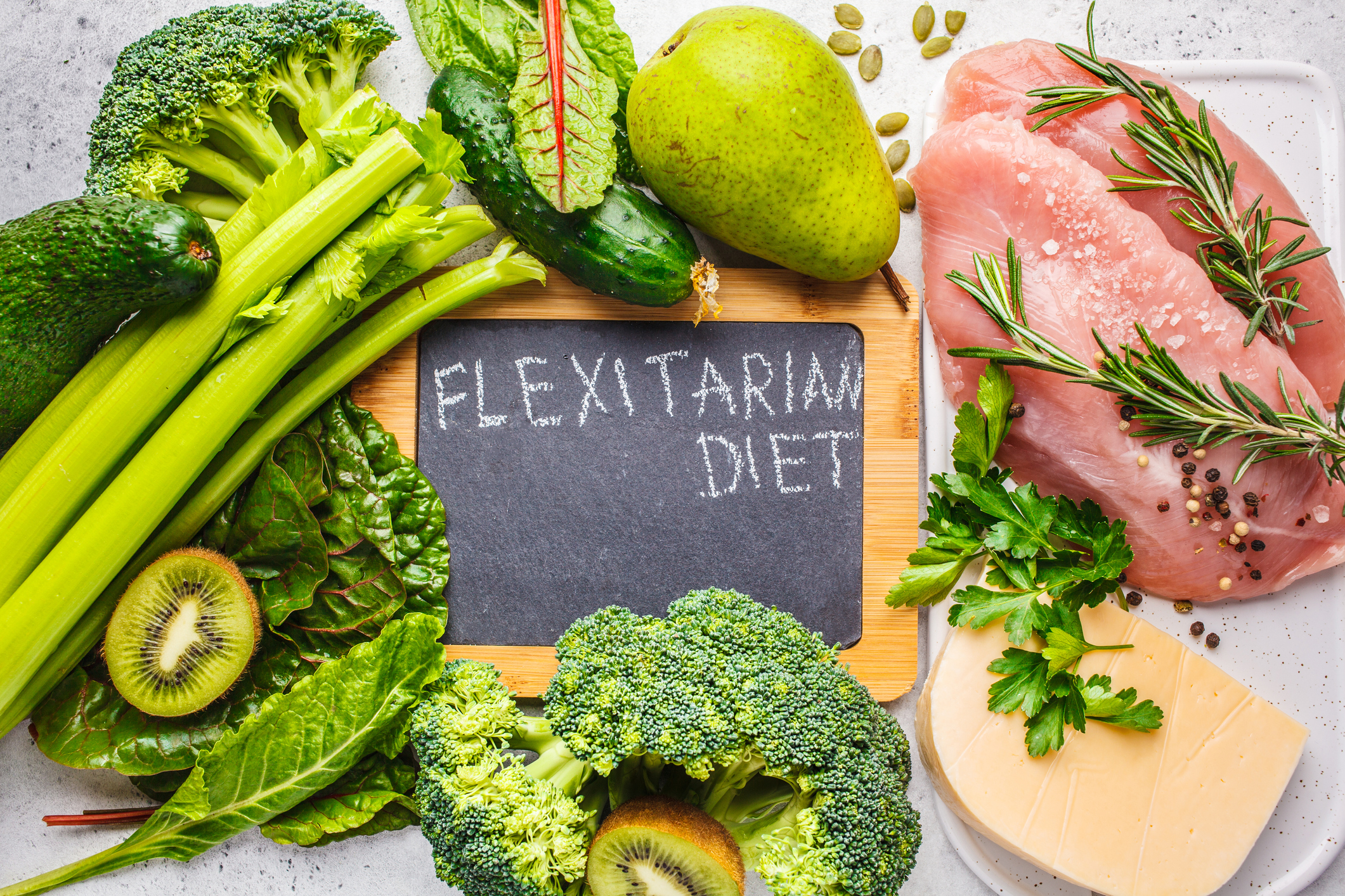 Flexitarian diet food background concept, top view.