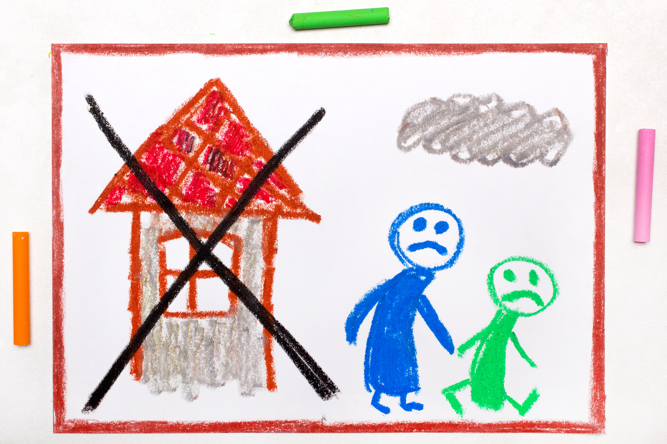 Colorful drawing: Two sad people leave their home. The problem of homelessness, eviction or moving out