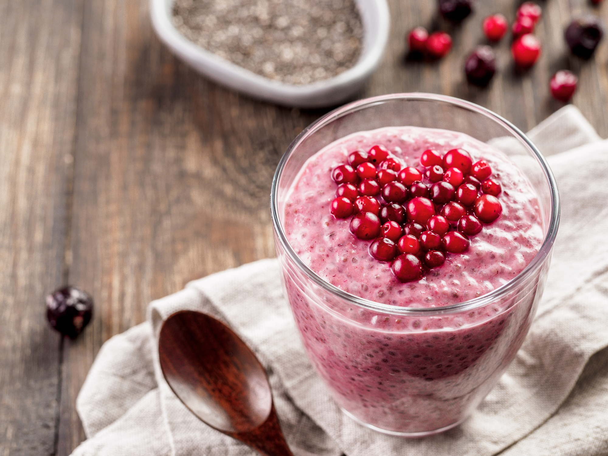 Valentine's Day Chia pudding with red berries heart