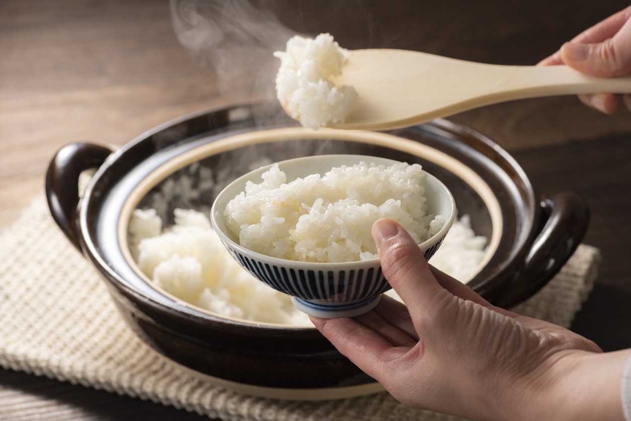 Cooked rice in a clay pot