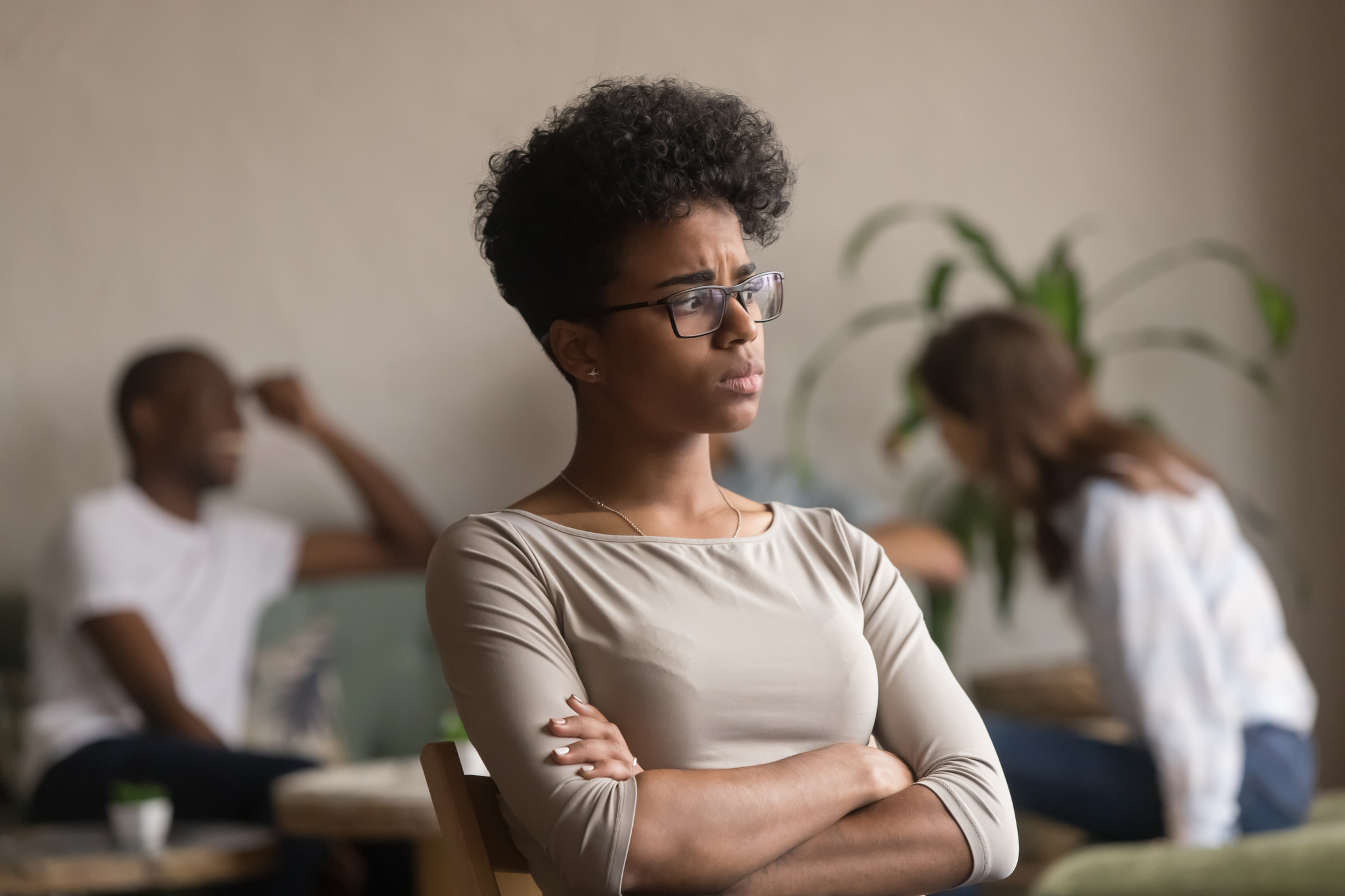 Upset african american student outcast bully victim suffer from discrimination