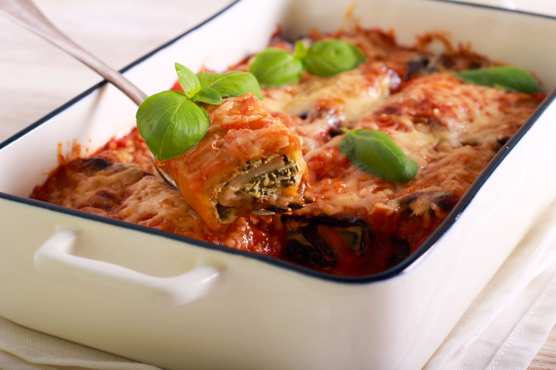 Eggplant rolls with cheese and herb filling