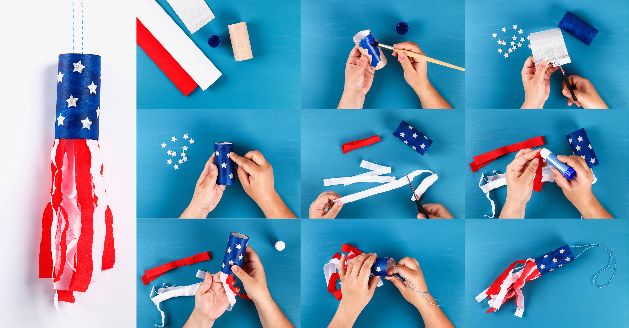 Diy windsocks 4th of July toilet sleeve crepe paper colors American flag, red, blue, white. collage