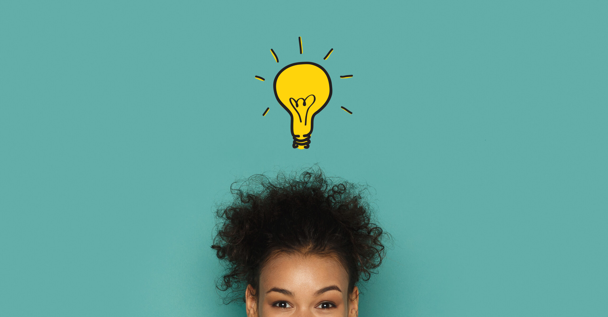 Glowing idea lamp above african woman head