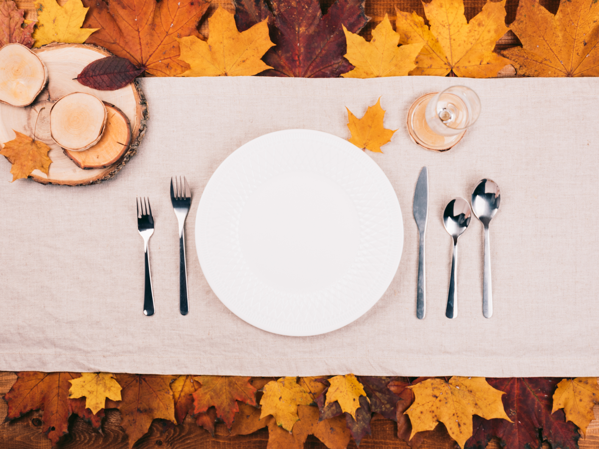 Top view of beautiful autumn decor and cutlery