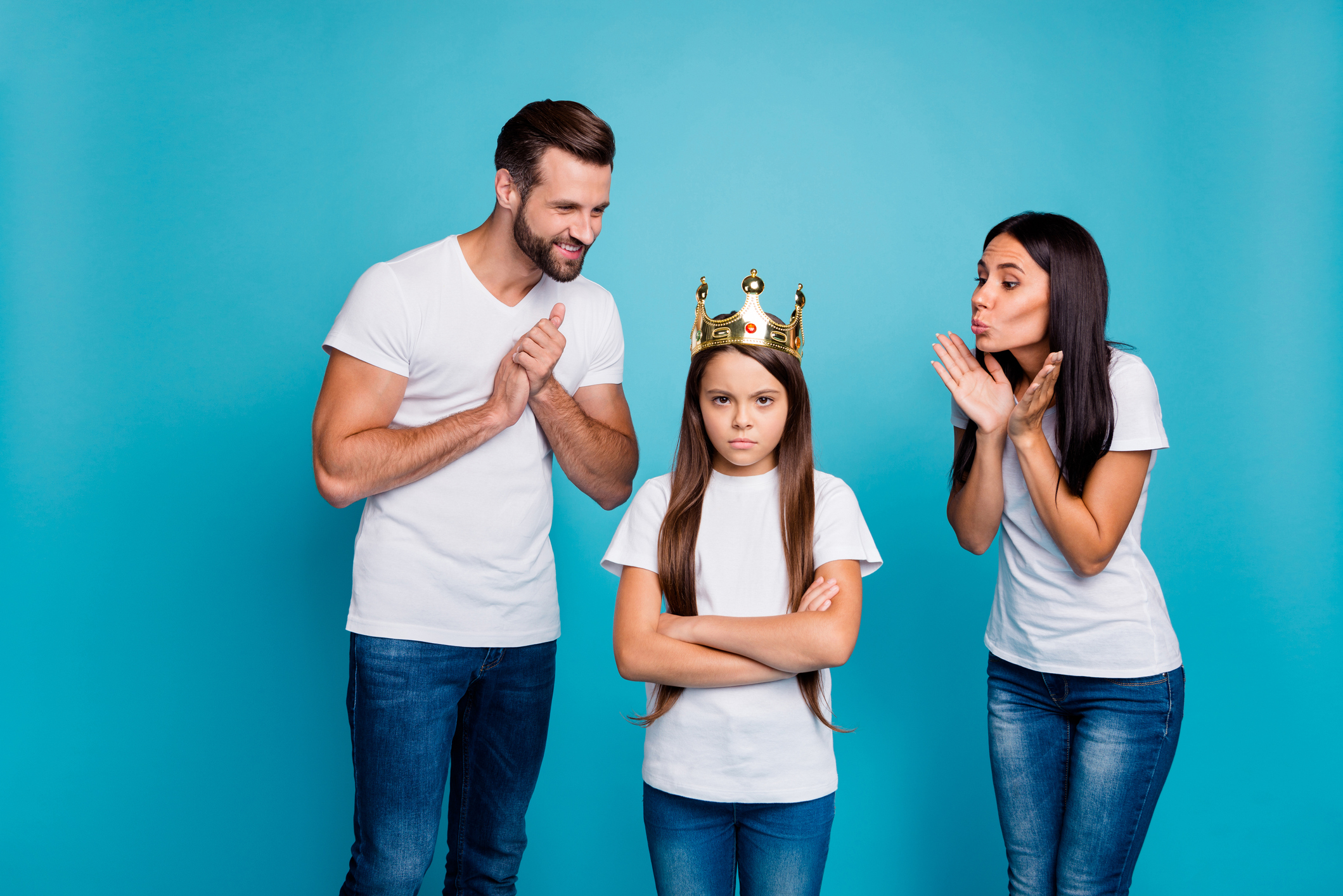 Daddy mommy proud of small lady wearing diadem hate being princess isolated blue background