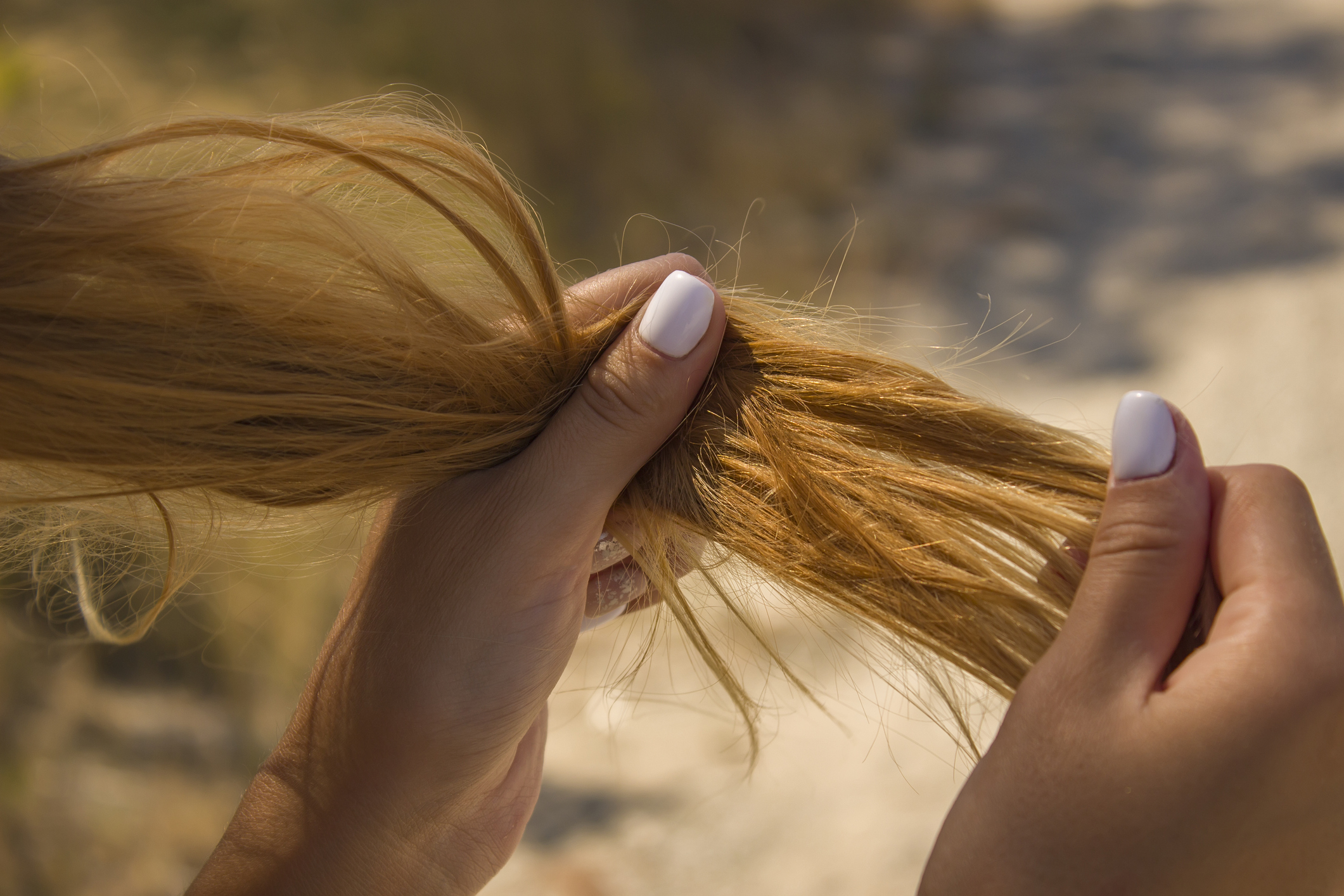 Girl holding dry brittle hair. Brittle damaged tips, hair loss.