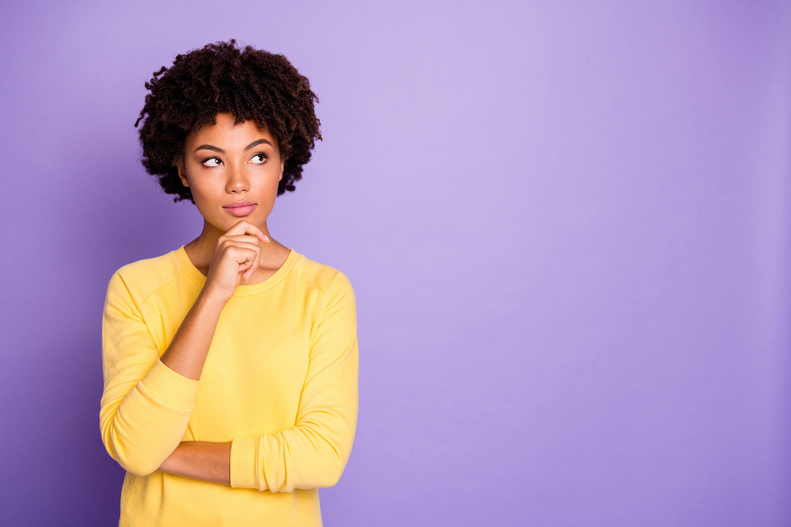 Portrait of her she nice attractive charming lovely creative wavy-haired girl creating strategy brainstorming isolated over violet purple lilac pastel color background