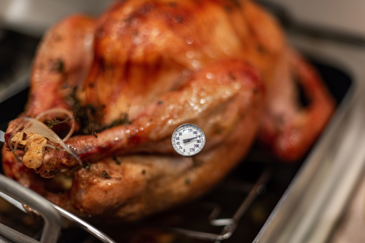 Using a meat thermometer to check if the turkey is done