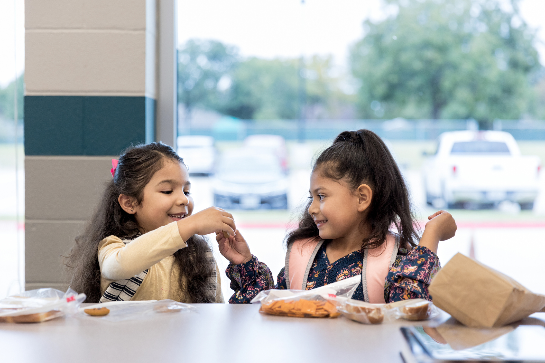 Twin sisters share lunch in the school cafeteria