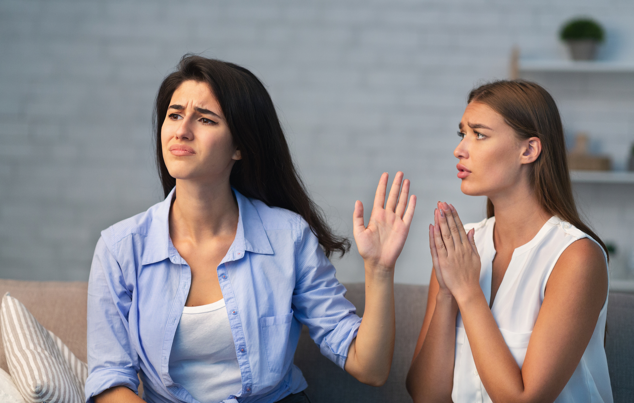 Girl Asking Indifferent Friend For Favor Sitting On Sofa Indoor