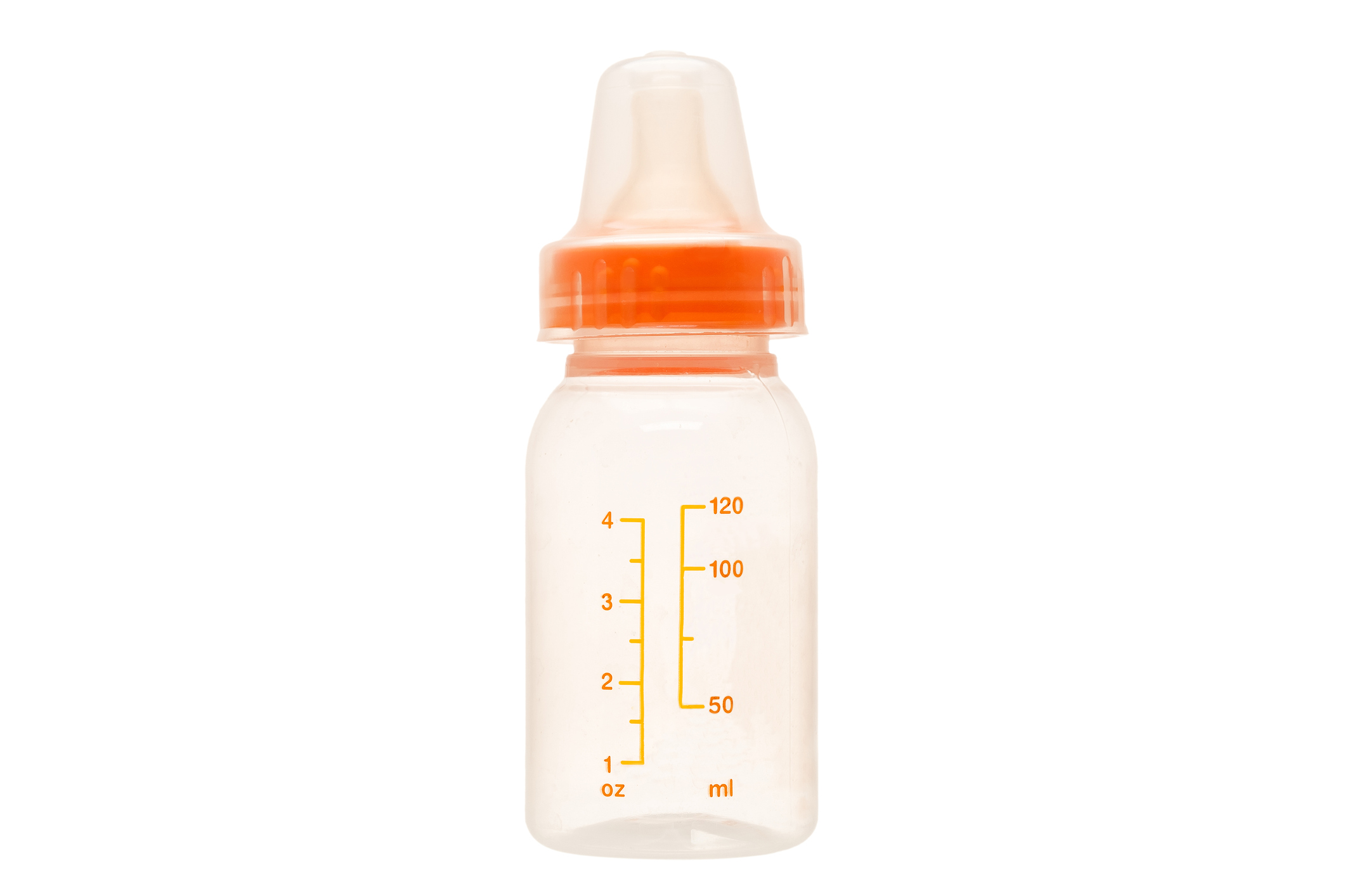 a bottle with a pacifier for feeding babies with a measuring scale, an object for the care and healthy nutrition of children, nobody.