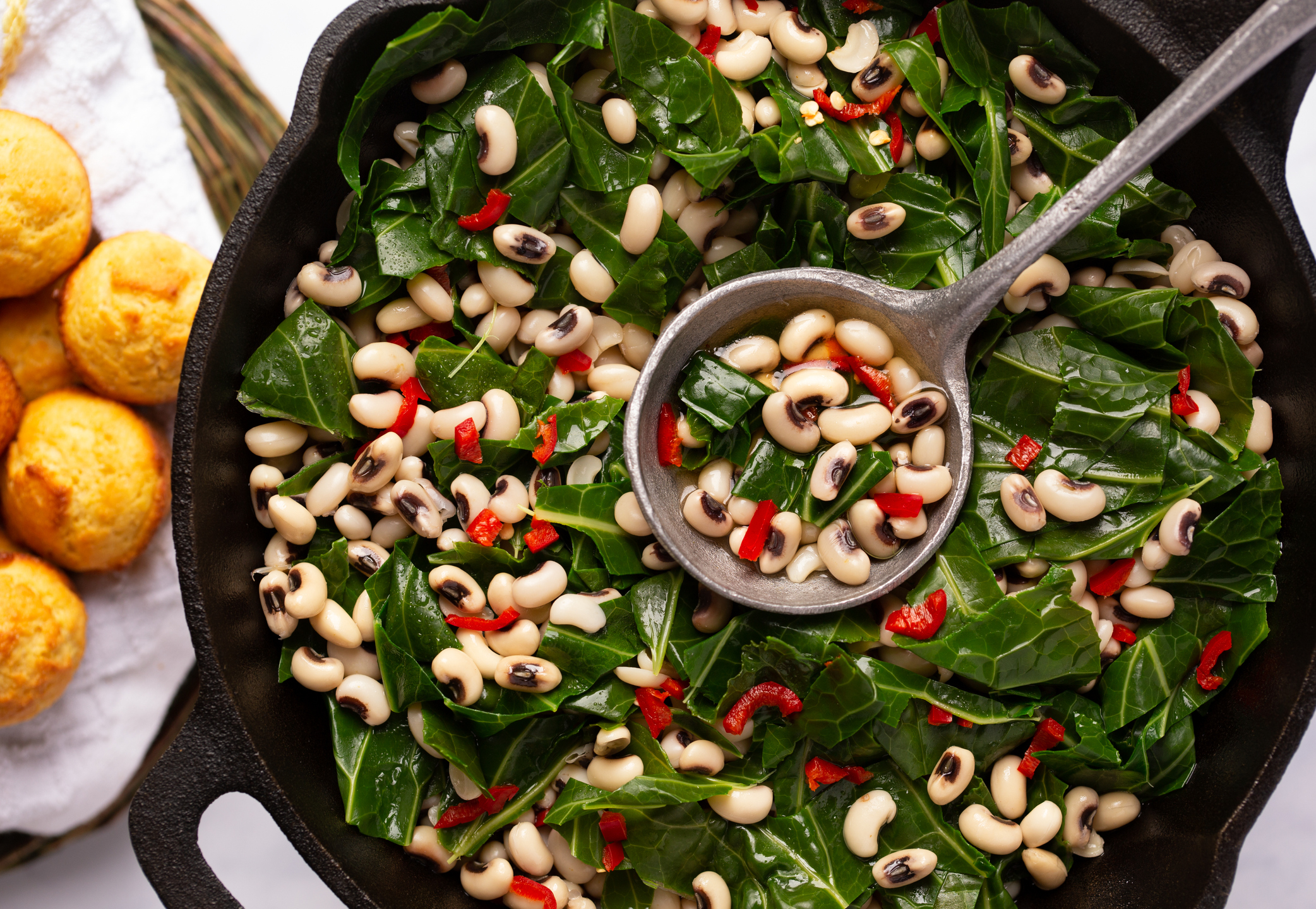 Close-up of collard greens and black-eye peas