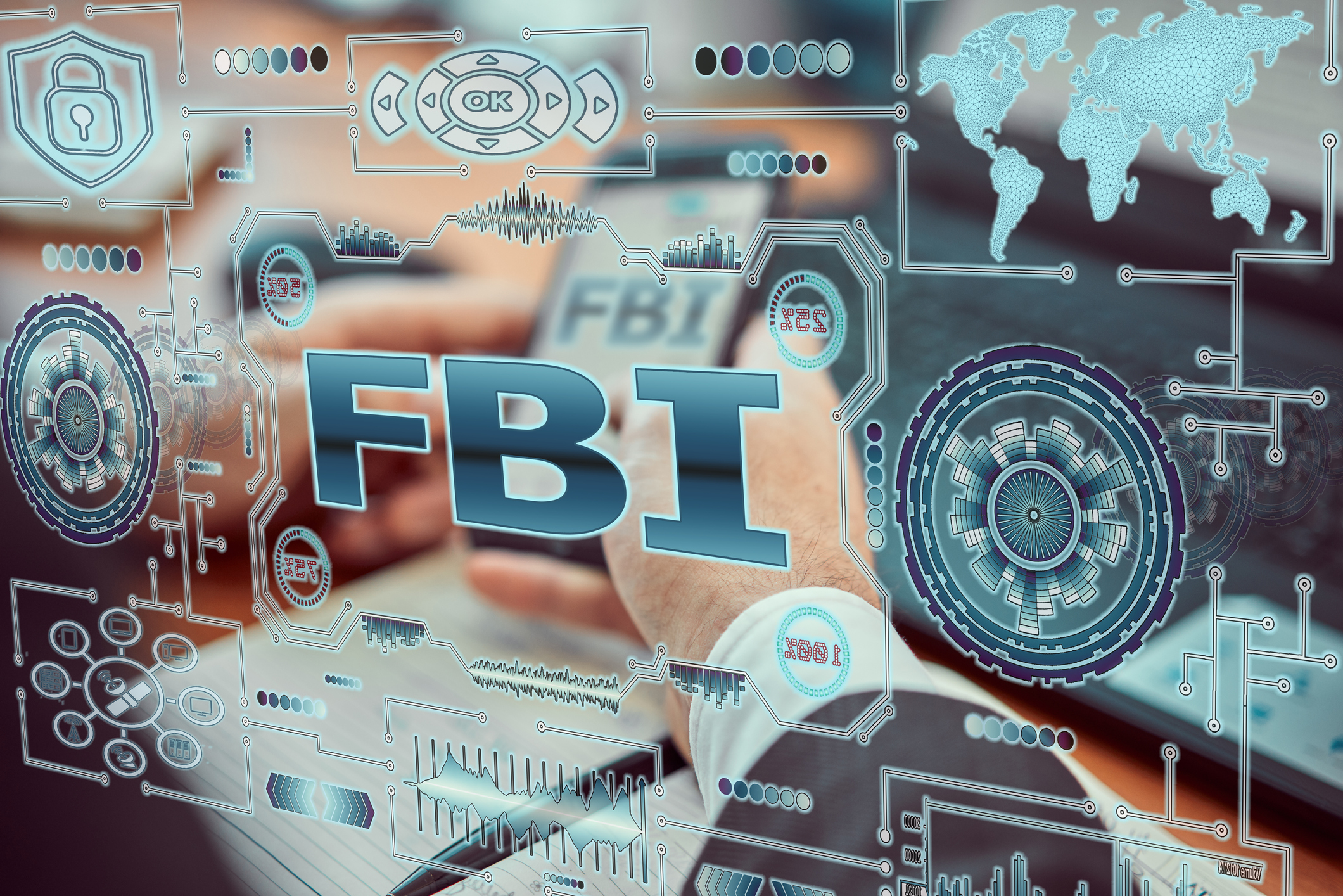 A young agent a futuristic smartphone with the latest holographic technology augmented reality with the inscription "fbi".